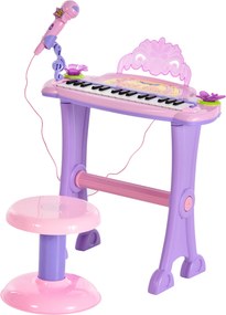 Piano Eléctrico Infantil 32 Teclas Piano Infantil com Microfone Banquinho Luzes Ritmos Sons MP3 Karaoke  Rosa