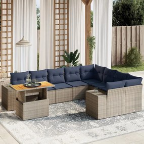 vidaXL 10 pcs conjunto sofás p/ jardim c/ almofadões vime PE cinzento