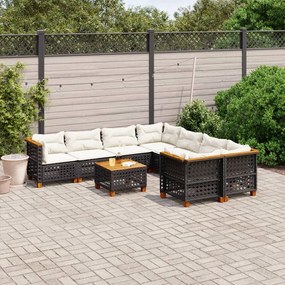 9 pcs conjunto de sofás p/ jardim c/ almofadões vime PE preto
