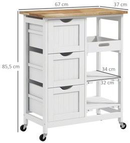 Carrinho de Cozinha com Rodas Carrinho de Serviço com 3 Gavetas 2 Prateleiras Abertas e Bandeja 67x37x85,5 cm Branco
