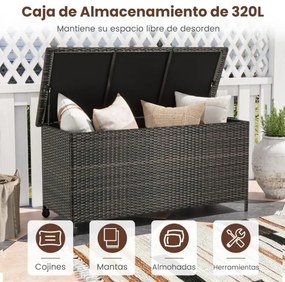 Baú armazenamento exterior de rattan 320L com forro impermeável Rodas universais Interior Exterior Vime Armário Almofadas Ferramentas Castanho