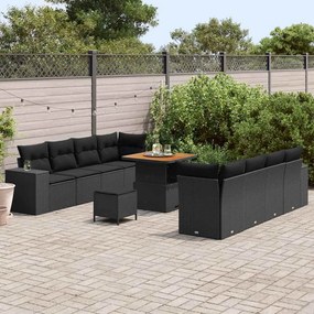 Conjunto de sofá de jardim com 11 peças e almofadas pretas de rattan.
