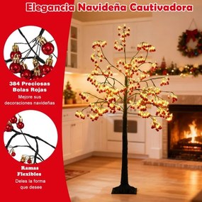 Árvore de Natal artificial de 150 cm com ramos flexíveis, 384 bolas vermelhas, 480 luzes LED brancas quentes e estacas de fixação preta