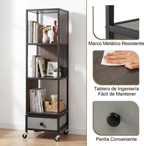 Estante giratória de 4 prateleiras 30 x 30 x 111 cm com rodas de 360°, gaveta estreita removível em tecido e madeira para sala de estar, quarto ou esc