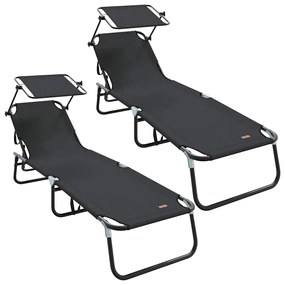 Espreguiçadeiras Dobráveis 2 pcs com Toldo Preto Tecido Oxford 600D
