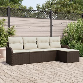 Conjunto de Sofá de 5 Peças com Almofadas Rattan Poliéster Castanho, S