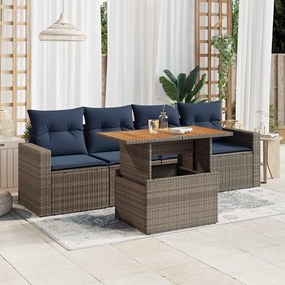 5 pcs conjunto sofás de jardim c/ almofadões vime PE cinzento