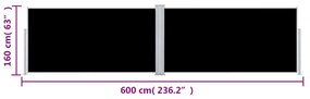 Toldo lateral retrátil 160x600 cm preto