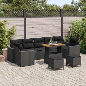 Conjunto de Sofá de Jardim com 10 Peças e Almofadas em Rattan PE Preto Acácia