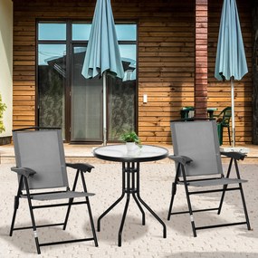 Conjunto de jardim de 3 peças: 2 cadeiras reclináveis com várias posições, dobráveis, mesa redonda em vidro temperado e metal, com revestimento em tex