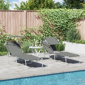 Espreguiçadeiras dobráveis 2 pcs com toldo em tecido Oxford cinza 600D