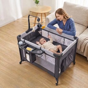 Berço de Viagem Dobrável 5 em 1, 110 x 76 x 77 cm, Altura Regulável em 4 Níveis, Preto