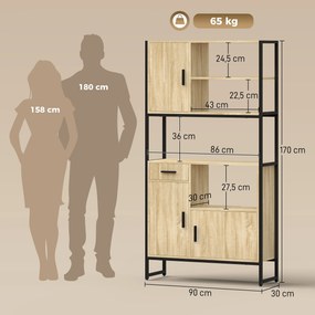 Armário de Cozinha Alto, 90 x 30 x 170 cm, 3 Portas com Fecho Suave, cor Natural