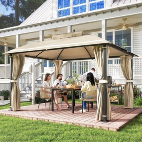 Pérgola de Jardim 370x303x290 cm com Telhado Duplo Cortinas Laterais e Mosquiteiras Resistente à Água e Anti-UV Bege