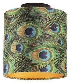 Candeeiro de teto com abajur de veludo azul-petróleo com dourado 20 cm - Combi Preto Clássico / Antigo