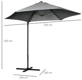 Outsunny Chapéu de Sol de Jardim Ø256x245cm Chapéu de Sol Excêntrico Rotação 360° com Abertura Manual e Base Cruzada para Pátio Varanda Exterior Cinza Escuro