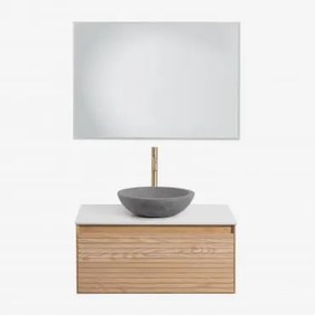 Conjunto De Móveis De Banheiro Em Madeira Tedrik Ash Castanho Fresno & Cimento Cinzento Redondo Ø40 Cm Tarsis & Led Retangular - Sklum
