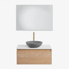 Conjunto De Móvel De Casa De Banho Suspenso 80x50 Cm Em Madeira De Freixo Tedrik Castanho Fresno & Cimento Cinzento Redondo Ø40 Cm Tarsis - Sklum