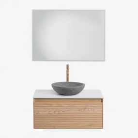 Conjunto De Móvel De Casa De Banho Suspenso Em Madeira De Freixo Tedrik Castanho Fresno & Cimento Cinzento Redondo Ø40 Cm Tarsis & Led - Sklum