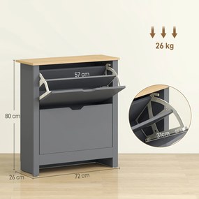 Sapateira com capacidade para 12 pares 72 x 26 x 80 cm, armário estreito com 2 gavetas rebatíveis e prateleiras ajustáveis, cinzento escuro