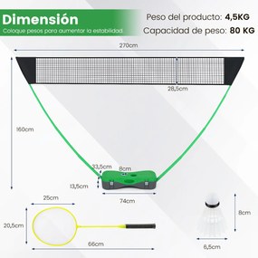 Conjunto portátil de badminton para crianças com 2 raquetes 2 penas Estrutura em PVC, baliza de futebol e rede de pátio 270 x 33,5 x 160 cm Verde