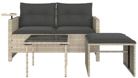 3 pcs conj. sofás jardim c/ almofadões vime PE cinzento-claro