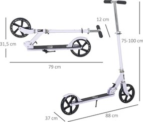 Trotinete Dobrável para Crianças de 7 a 14 Anos Trotinete Infantil com Guiador Ajustável em 4 Níveis e Travão 88x37x75-100cm Branco