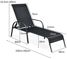 Espreguiçadeira reclinável dobrável para exterior com encosto ajustável para piscina Jardim Praia Varanda 192 x 66 x 61,5 cm Preta