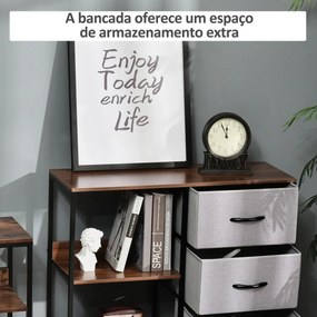 Cómoda de Estilo Industrial com Cestos de Tela Dobráveis e 2 Prateleiras para Dormitório Sala de Estar Corredor 80x29x71cm Nogueira e Cinza Claro