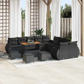 Conjunto de Sofá de Jardim vidaXL com 14 Peças com Almofadas Vime Sintético Preto Acácia