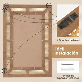 Espelho de parede decorativo de rattan Estilo boémio retangular com moldura de madeira Pendurado na vertical ou na horizontal  90 x 60 cm