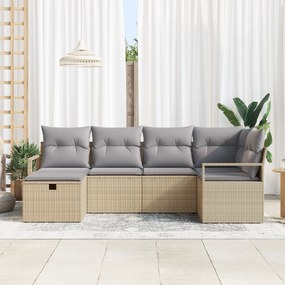 Conjunto de Sofá de Jardim de 6 Peças com Almofadas Bege Rattan Poliés