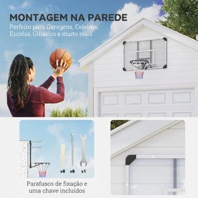 Cesto de Basquetebol de Parede com Aro, Rede e Estrutura em Aço para Exterior, 113x61x73 cm, Branco e Preto