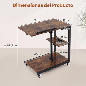 Mesa Auxiliar em C com Rodas, 68 x 40 x 66,5-82,5 cm, Tampo Elevável e Inclinável, Castanho+Preto