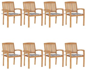 vidaXL Cadeiras de jardim empiháveis c/ almofadões 8 pcs teca maciça
