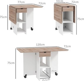 Mesa de Cozinha Dobrável com Rodas Laterais Rebatíveis Gaveta e Prateleiras para 2-4 Pessoas 120x72x75 cm Madeira Branco