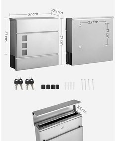 Caixa de correio de parede com compartimento para jornais 37 x 10,5 x 37 cm prateada