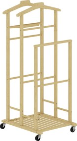 HOMCOM Galã de Noite em Bambu com Rodas, Cabides para Roupa, Suporte para Calças, Bandeja e Prateleira, Natural | Aosom Portugal