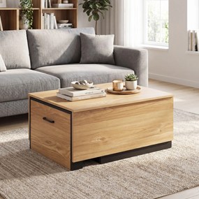 Mesa de centro extensível 80 x 60 x 37 cm em madeira com compartimentos e tampo adicional deslizante, design retangular para sala de estar Natural+Pre