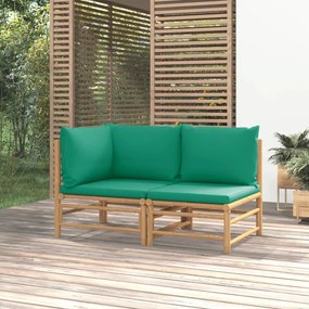 2 pcs conjunto lounge de jardim bambu c/ almofadões verdes