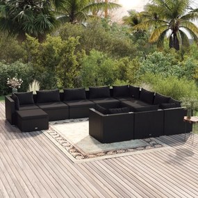vidaXL 11 pcs conjunto lounge de jardim c/ almofadões vime PE preto