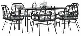 vidaXL Conjunto de jantar jardim 7 peças almofadas vidro vime PE preto