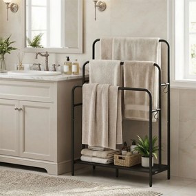 Toalheiro com 3 barras 70 x 30 x 100 cm em Metal e aglomerado de madeira preto