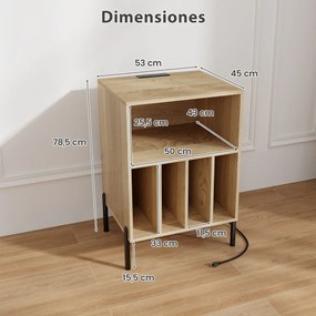 Estante para discos vinil Pernas de metal e Estação de carregamento e porta USB para sala de estar Quarto Escritório Natural