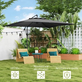 Guarda-sol de 3 x 3 m com manivela, base em cruz, inclinação e rotação de 360°, lona de 180 g/m² cinzento escuro