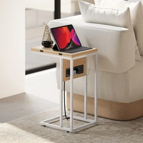 Mesa Auxiliar com Estação de Carga com Tampo Dobrável e Pés Ajustáveis 39x29x57 cm Branco e Madeira