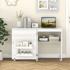 Mesa de Costura Dobrável Multifuncional Estante Compacta 2 Tabuleiros e 18 Pinos Armário de Costura com Porta e 5 Rodas Branco
