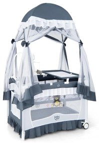 Berço de viagem portátil 4 em 1 para bebé com bolsa conversível, rodas removíveis, caixa de música em rede, brinquedos para 0-3 anos, cinzento