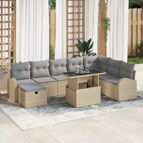 Conjunto de Sofá de Jardim de 9 Peças com Almofadas Bege Rattan Poli