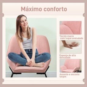 Poltrona Sala de Estar Moderna Poltrona de Leitura com Assento Largo e Acolchoado Estofada em Veludo Pés de Metal 70x67,5x87 cm Rosa